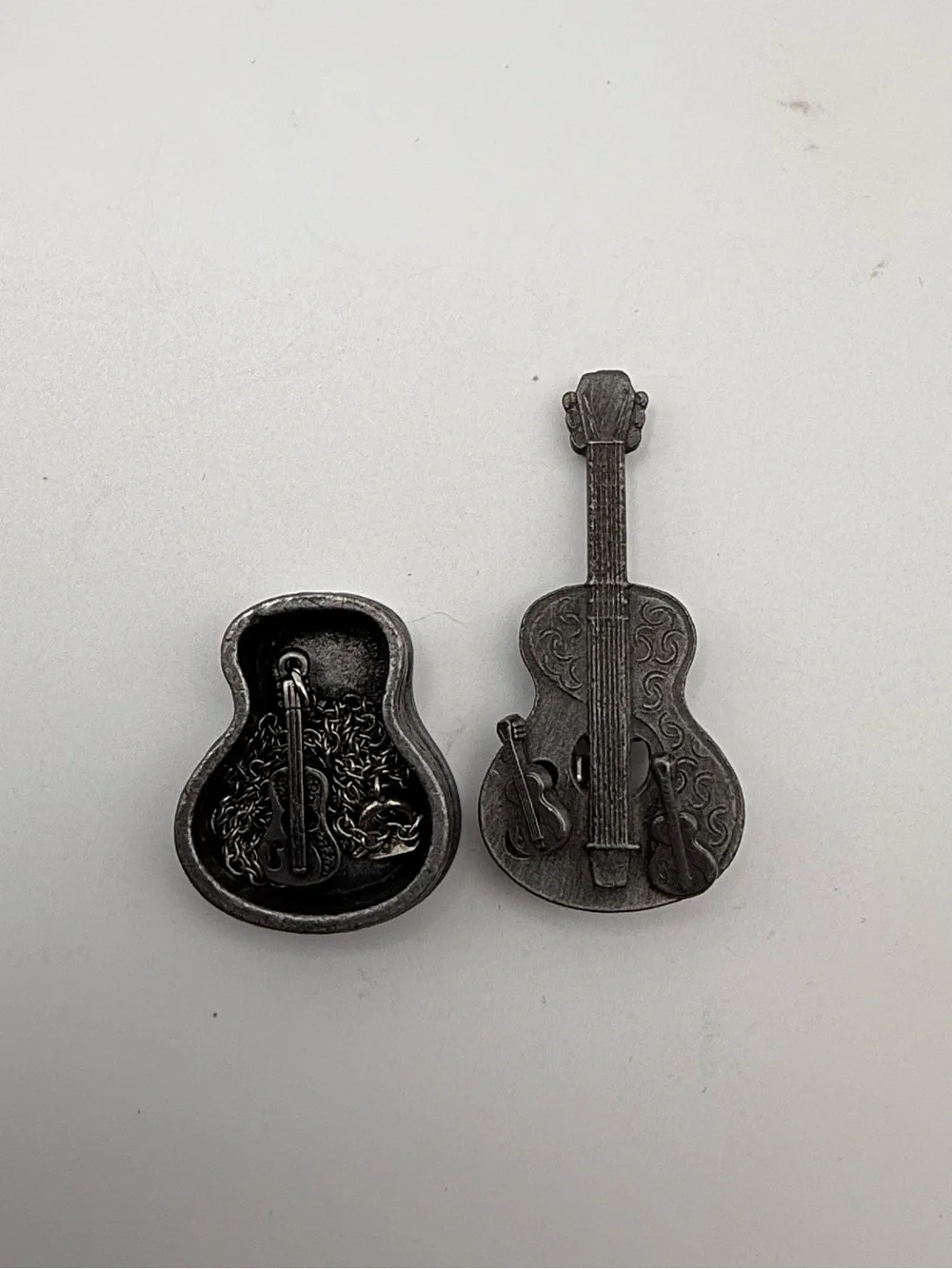 Vintage Torino Pewter Acoustic Guitar Broach Earrings Necklace Trinket Box